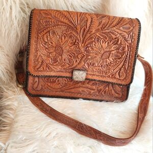 Vintage Tooled Leather Cross Body Bag